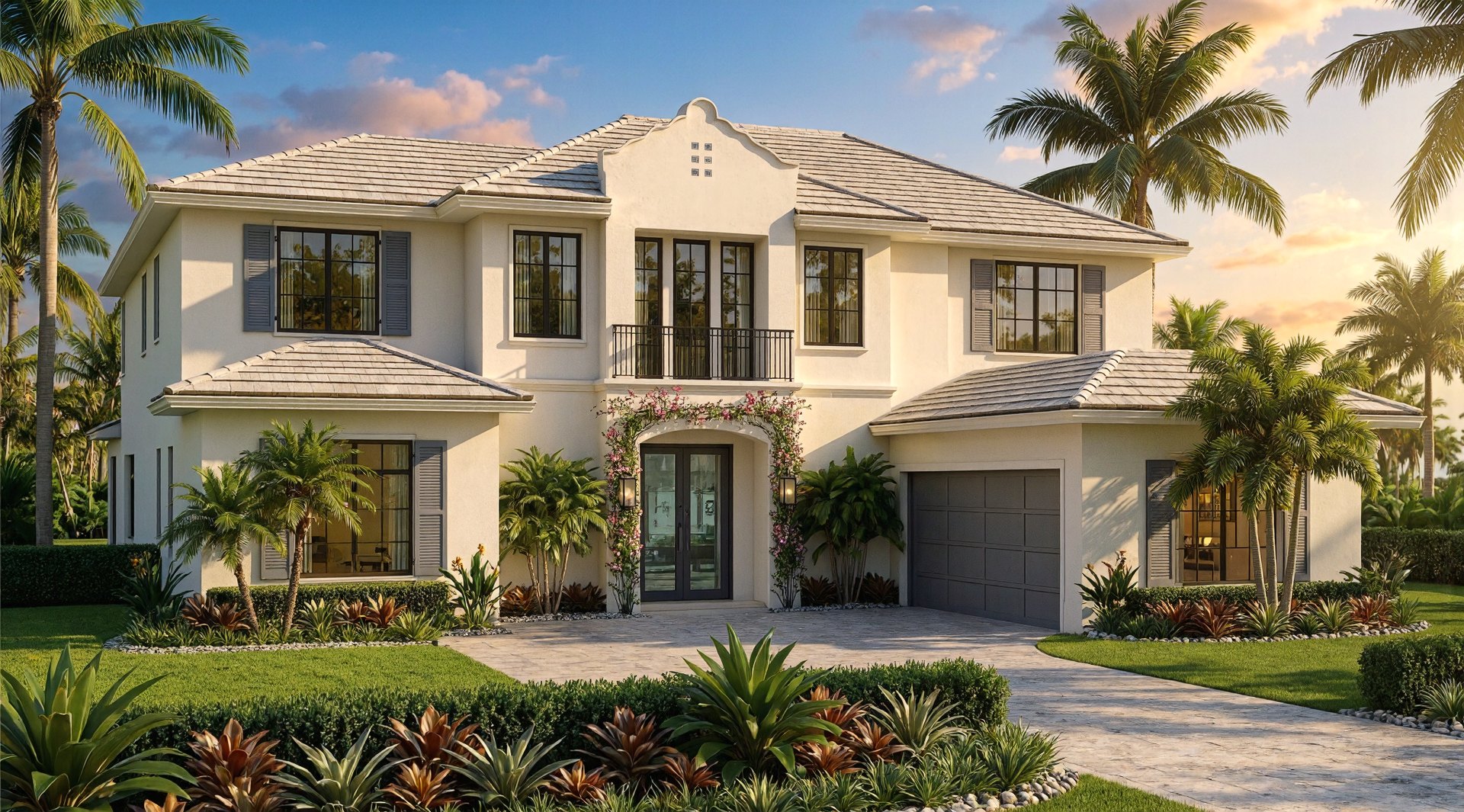 Front elevation at sunset